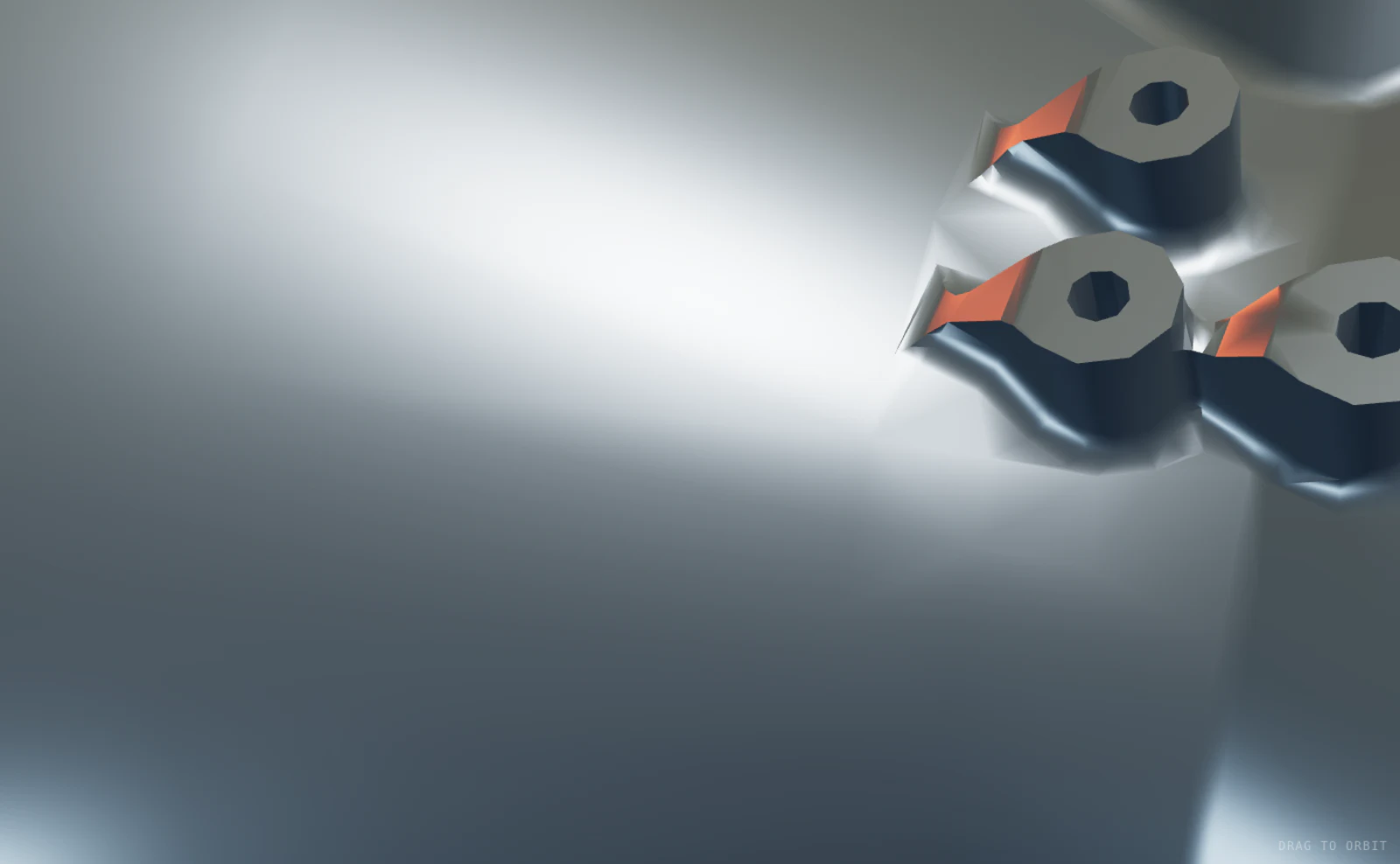 Interactive 3D model of the Engine 1 chamber assembly: a bolted injector flange at one end, a bulged combustion chamber narrowing to a throat, a flared nozzle with a ribbed exit ring, and a fuel feed line running the length of it. Drag to orbit.