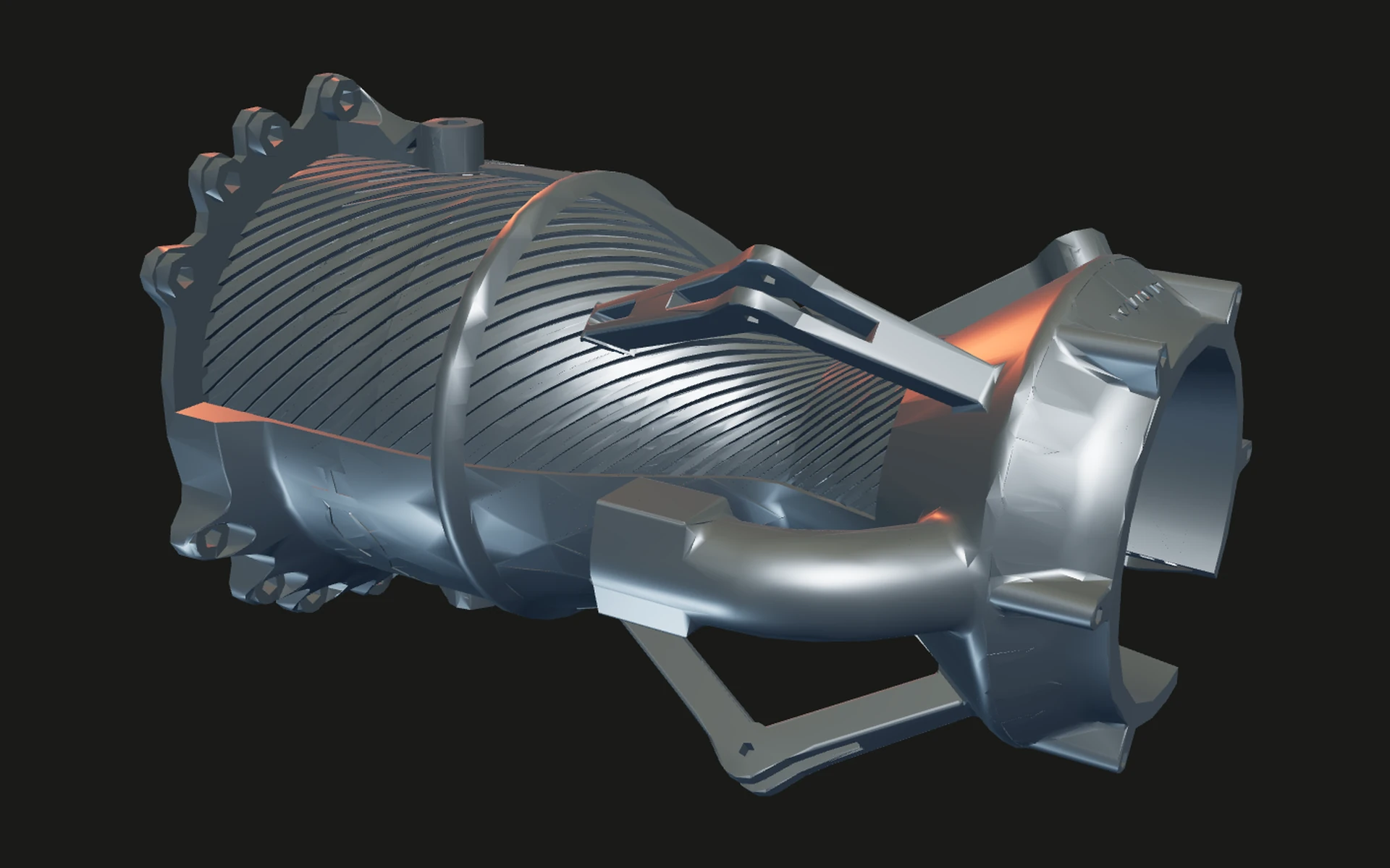 Interactive 3D model of the Engine 3 chamber with the outer wall left off, so the helical regenerative cooling channels wrapping the chamber and throat are the visible surface. Drag to orbit.