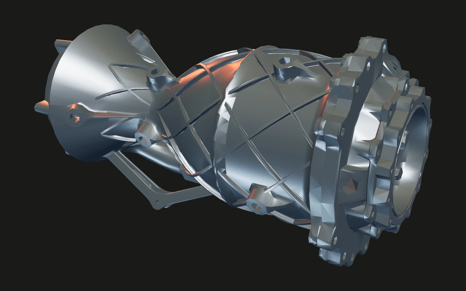 Interactive 3D model of Engine 4: a chamber wrapped in a diamond isogrid lattice, a bolted injector flange at one end, a nozzle at the other, and one of the L-brackets it mounts on. Drag to orbit.