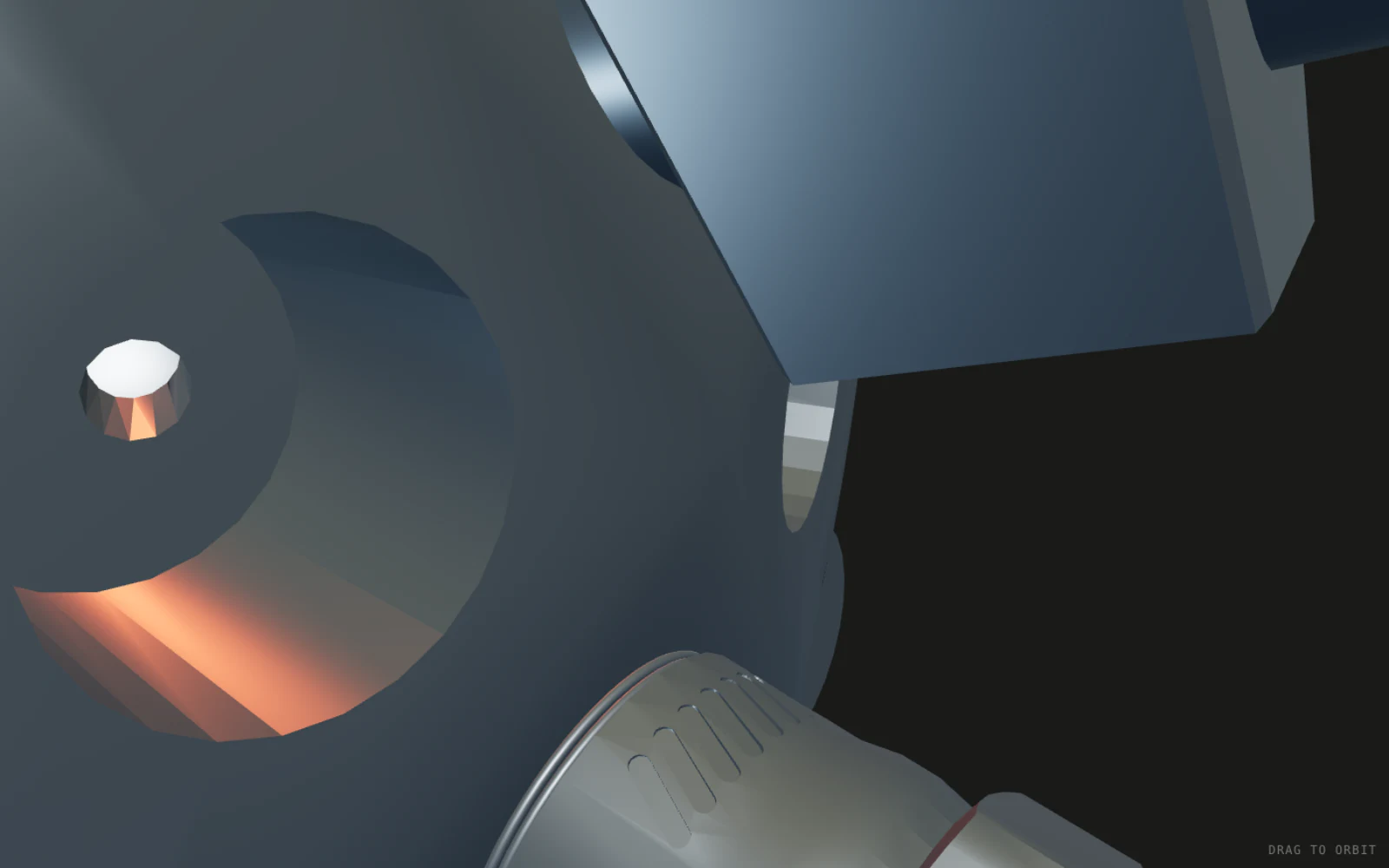 Interactive 3D model of the torch igniter: a flanged steel body with a bolt circle, a bore through it and a spark plug threaded into the side. Drag to orbit.
