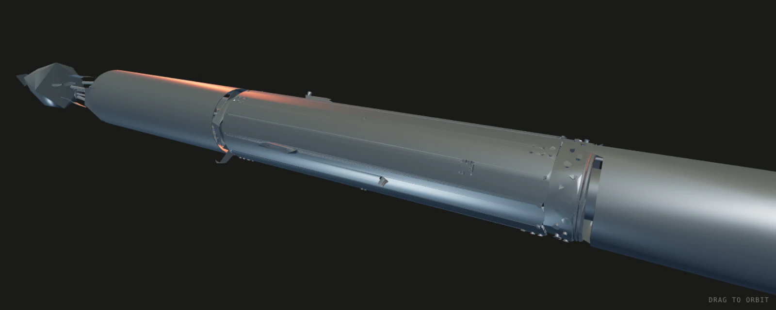 Interactive 3D model of the Waxwing vehicle, cut open along its whole length so the internal tanks and structure are visible between the nosecone and the fin can. Drag to orbit.