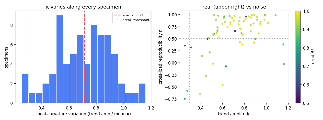 Histogram of local-curvature variation across 72 specimens with the median at 0.71, and a scatter of cross-load reproducibility against trend amplitude