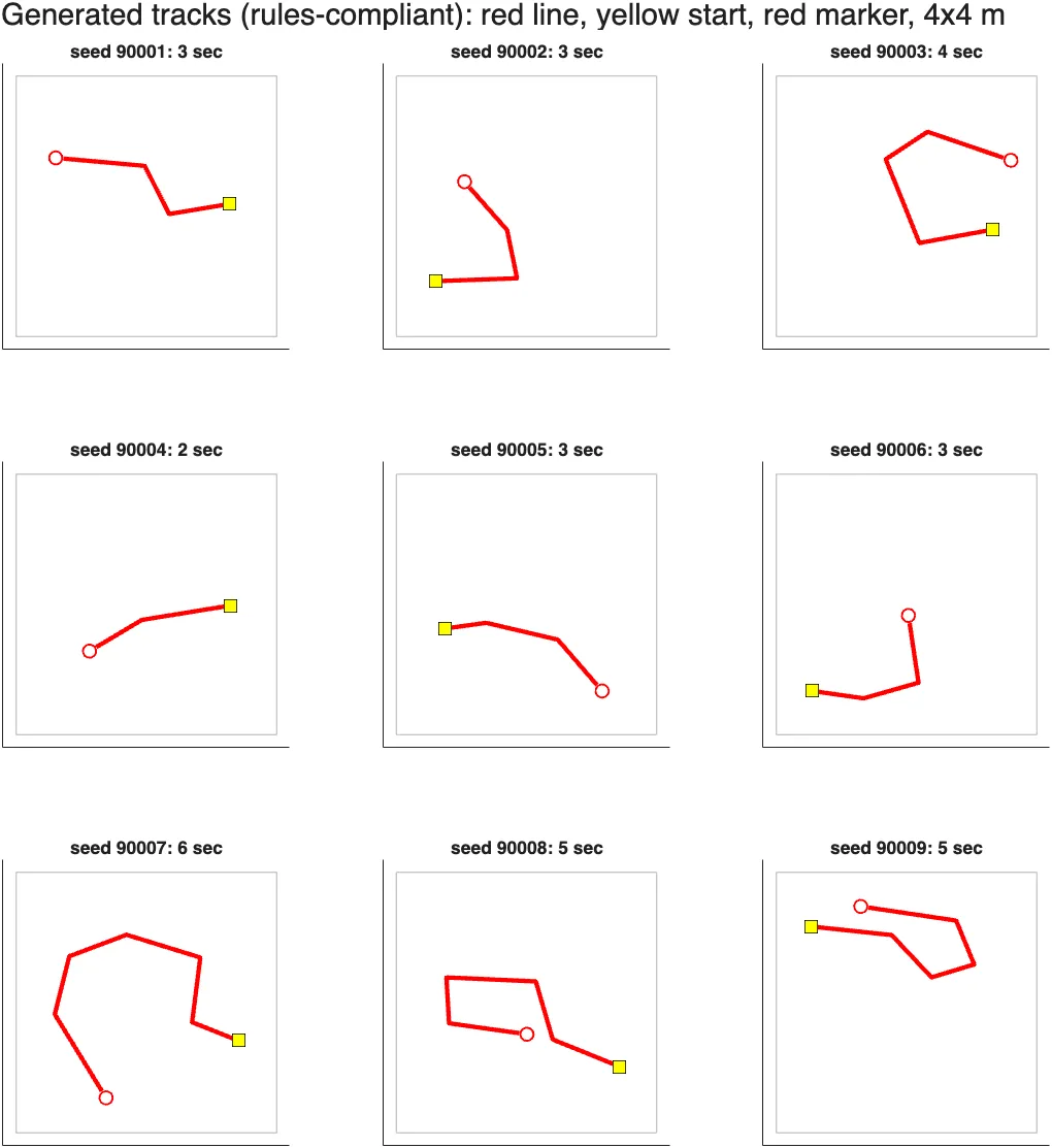 Grid of generated line-following tracks, each a red polyline of straight sections ending at a landing circle