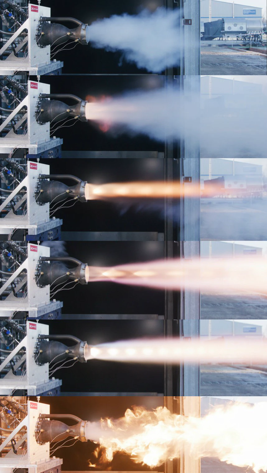 Vertical strip of six frames from the slow-motion camera: faint ignition, growing plume, steady Mach diamonds, then the shutdown fireball