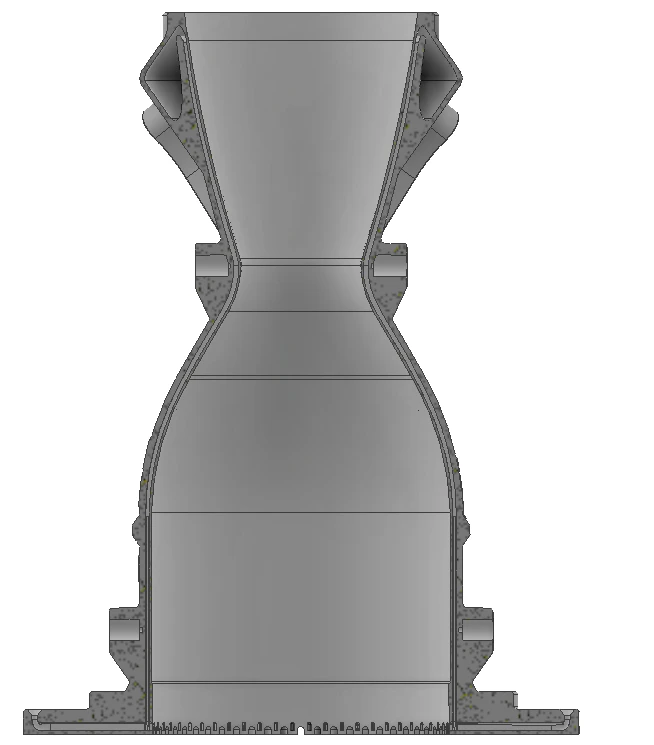 CAD section through the chamber showing the converging-diverging contour, the cooling channels in the wall and the injector manifold at the head