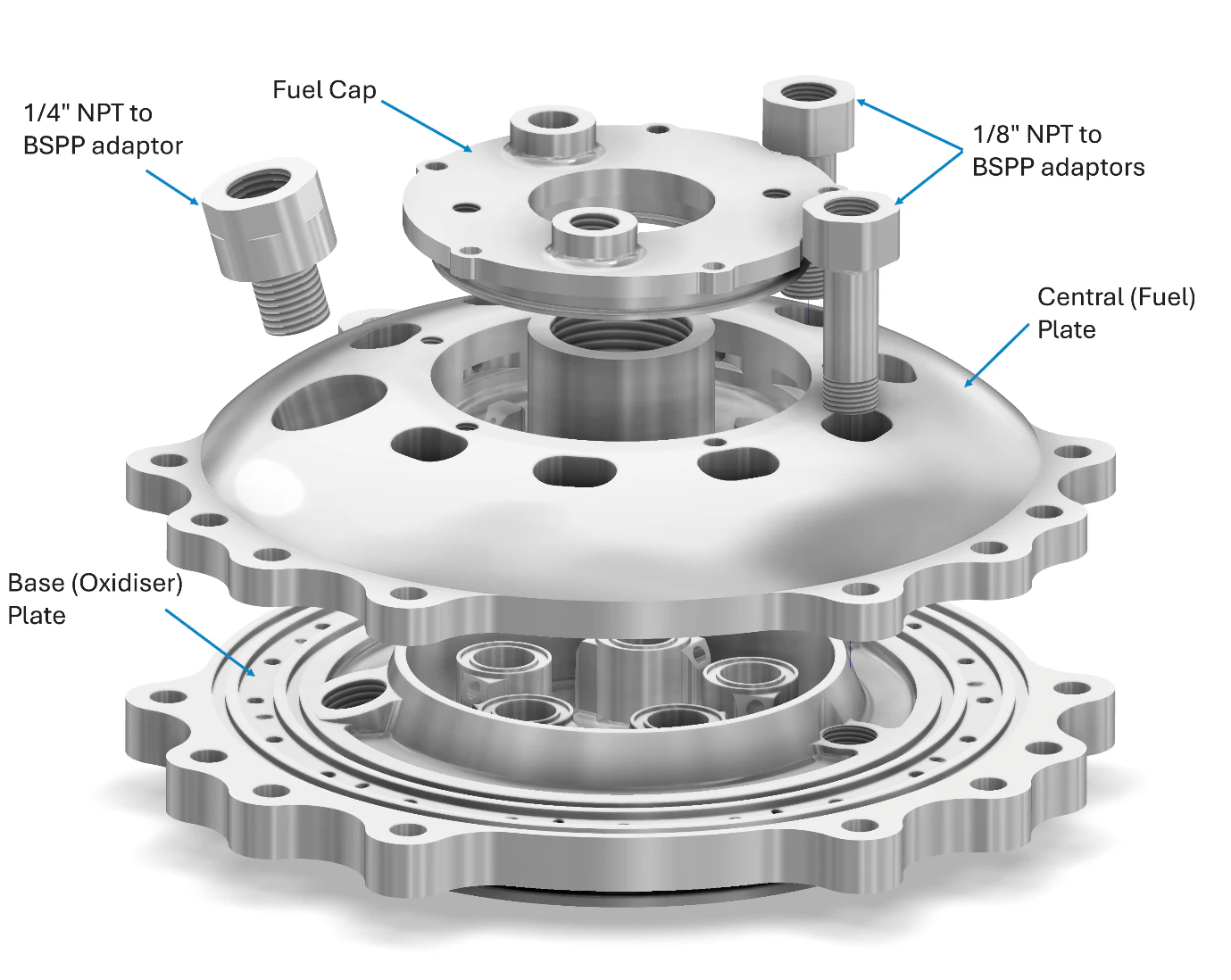 Labelled exploded CAD view of the coaxial-swirl injector: base oxidiser plate, domed central fuel plate, fuel cap and the NPT to BSPP adaptors
