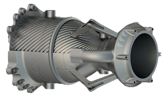 Small deck render of the chamber on a transparent background, spiral channels and mounting struts visible