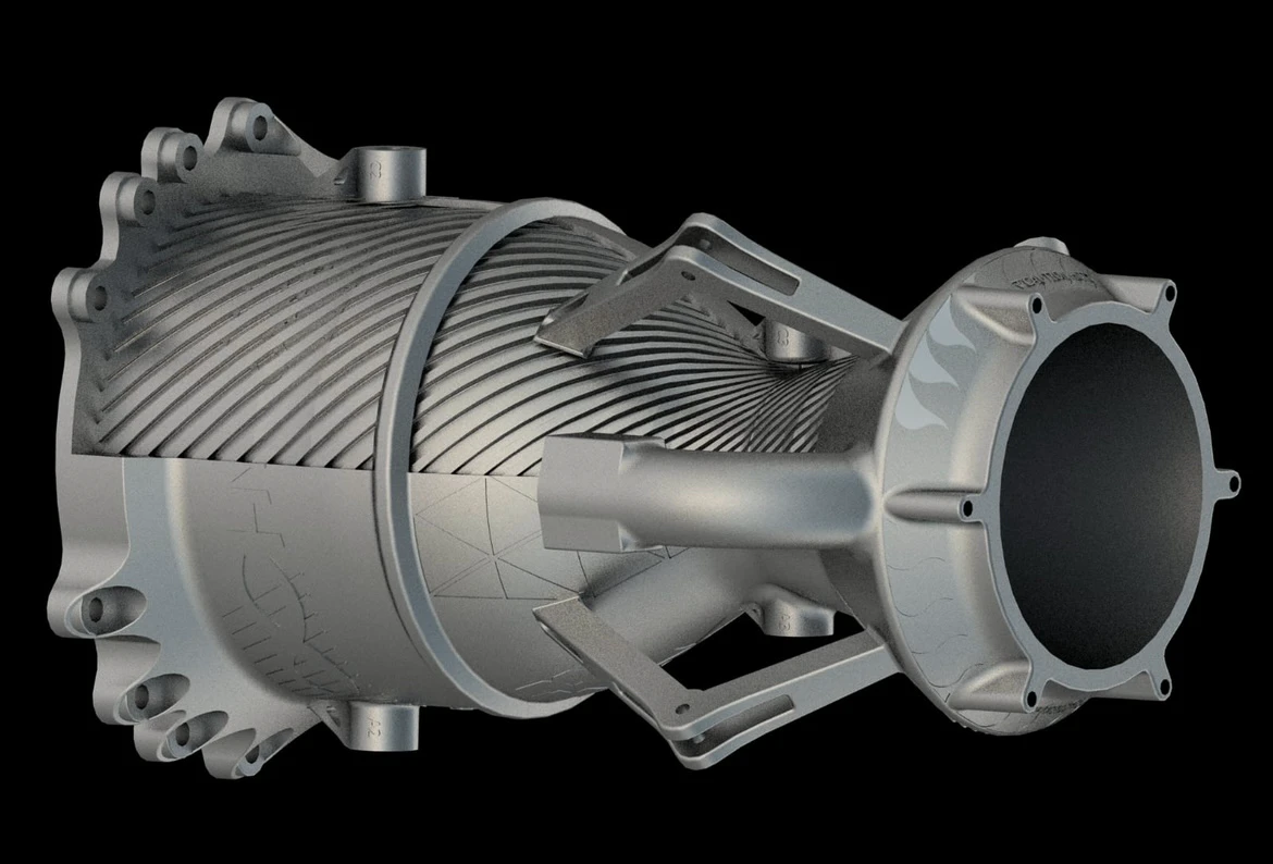 CAD render of the Engine 3 chamber from a three-quarter angle looking into the nozzle, spiral cooling channels wrapping the outer wall and three mounting struts reaching the exit flange