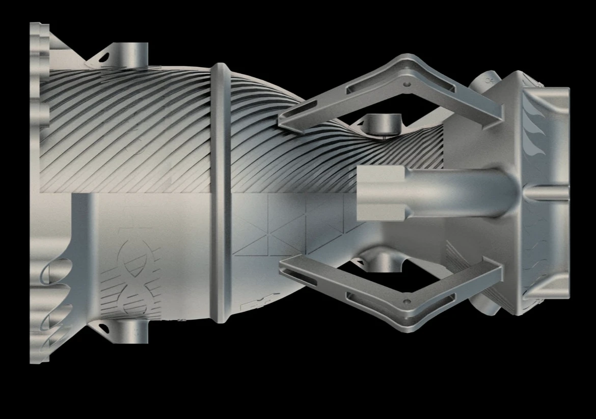 CAD render of the Engine 3 chamber in side profile with the spiral regenerative channels visible along the length and the injector flange on the right
