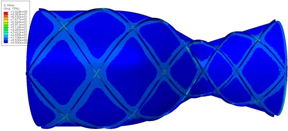 Von Mises stress field on the isogrid-reinforced outer wall under the same thermal and pressure loading, the lattice ribs carrying load in parallel with the skin and the field dropping to blue