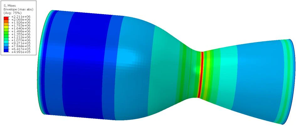 Von Mises stress field on the plain 1 mm outer wall under combined thermal and 49 bar pressure loading, peaking red at the throat and uniform along the barrel