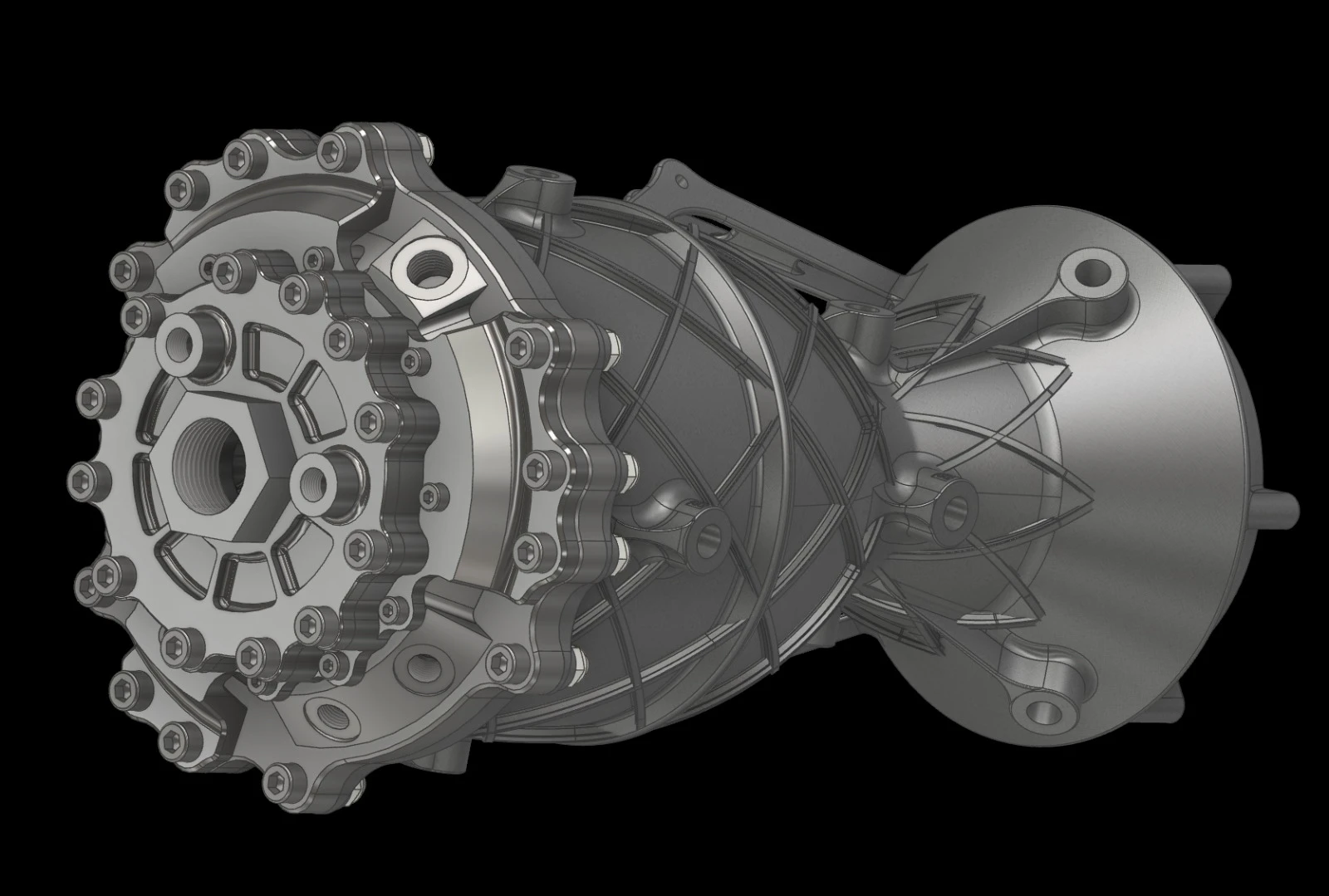 CAD render of the full Engine 4 assembly: bolted injector top plate, isogrid chamber and nozzle