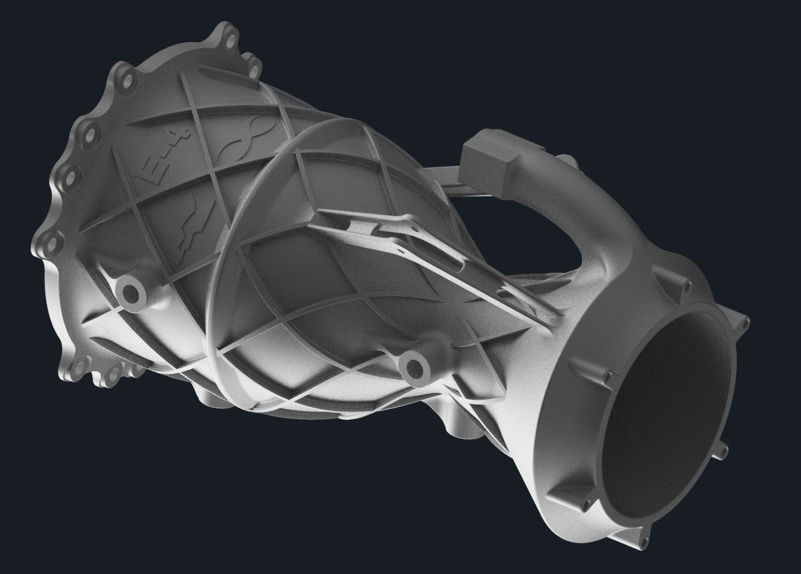 CAD render of Engine 4: the isogrid-latticed chamber and nozzle, three-quarter view from the injector end