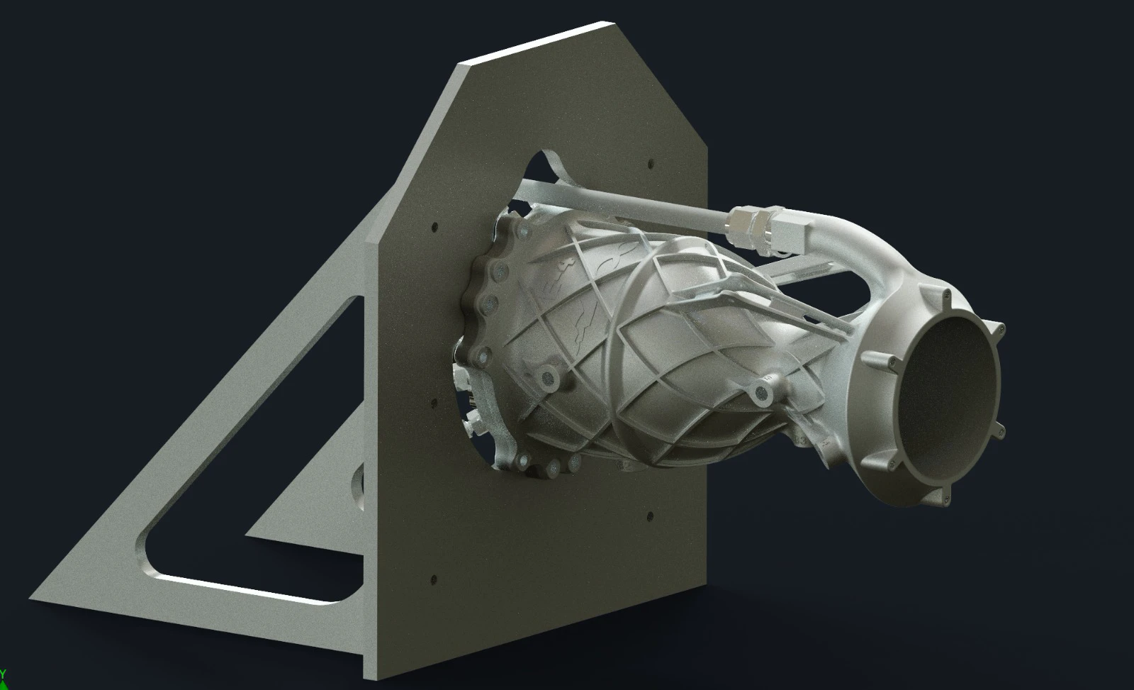 CAD render of the Engine 4 chamber on its L-bracket test mount with feed plumbing attached