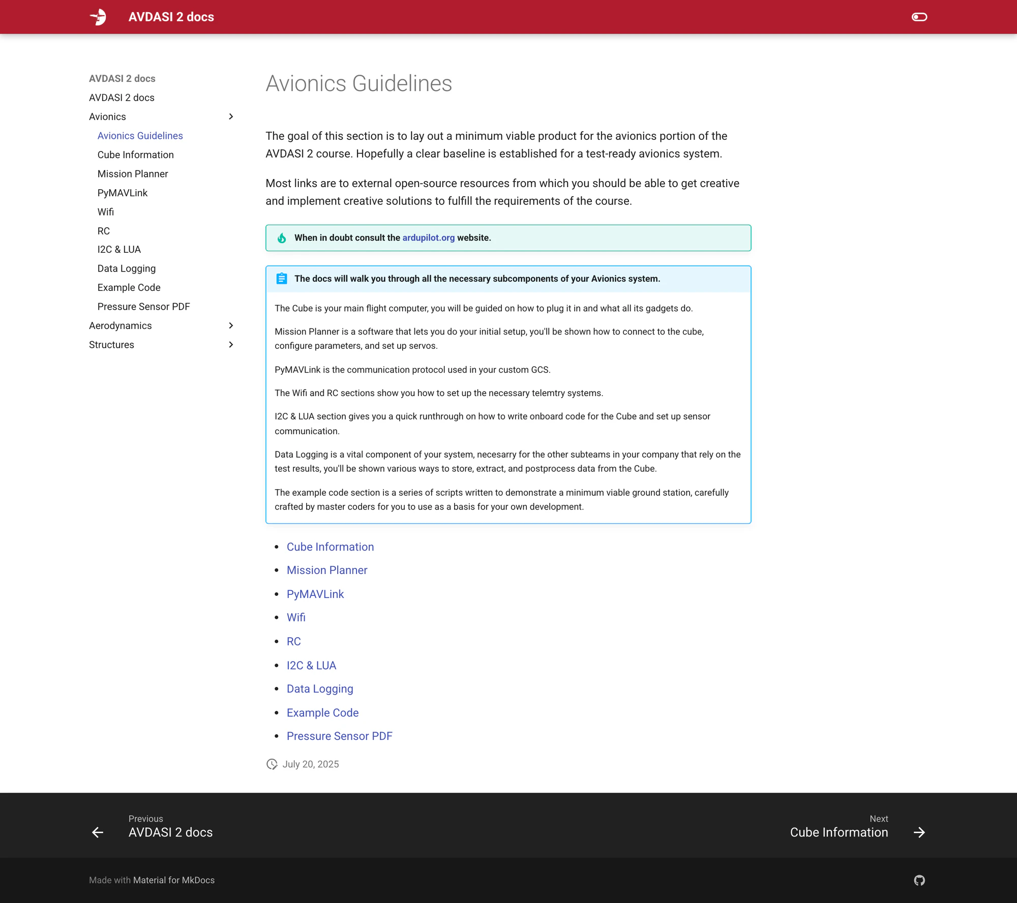 The Avionics Guidelines hub page with an abstract admonition walking through each subsystem