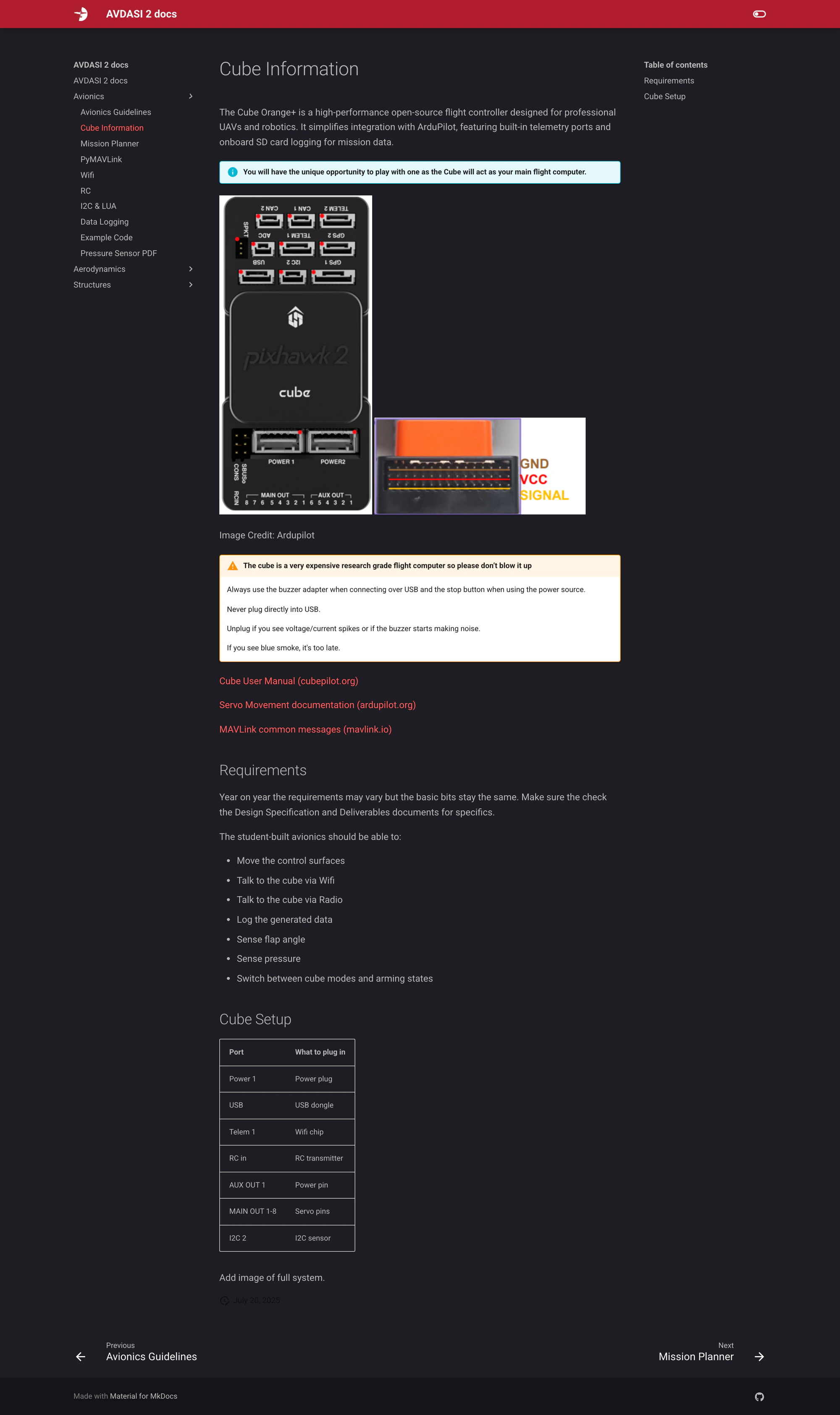 Full-length Cube Information page in dark mode: a warning admonition about not blowing up the Cube, a requirements list and a port table