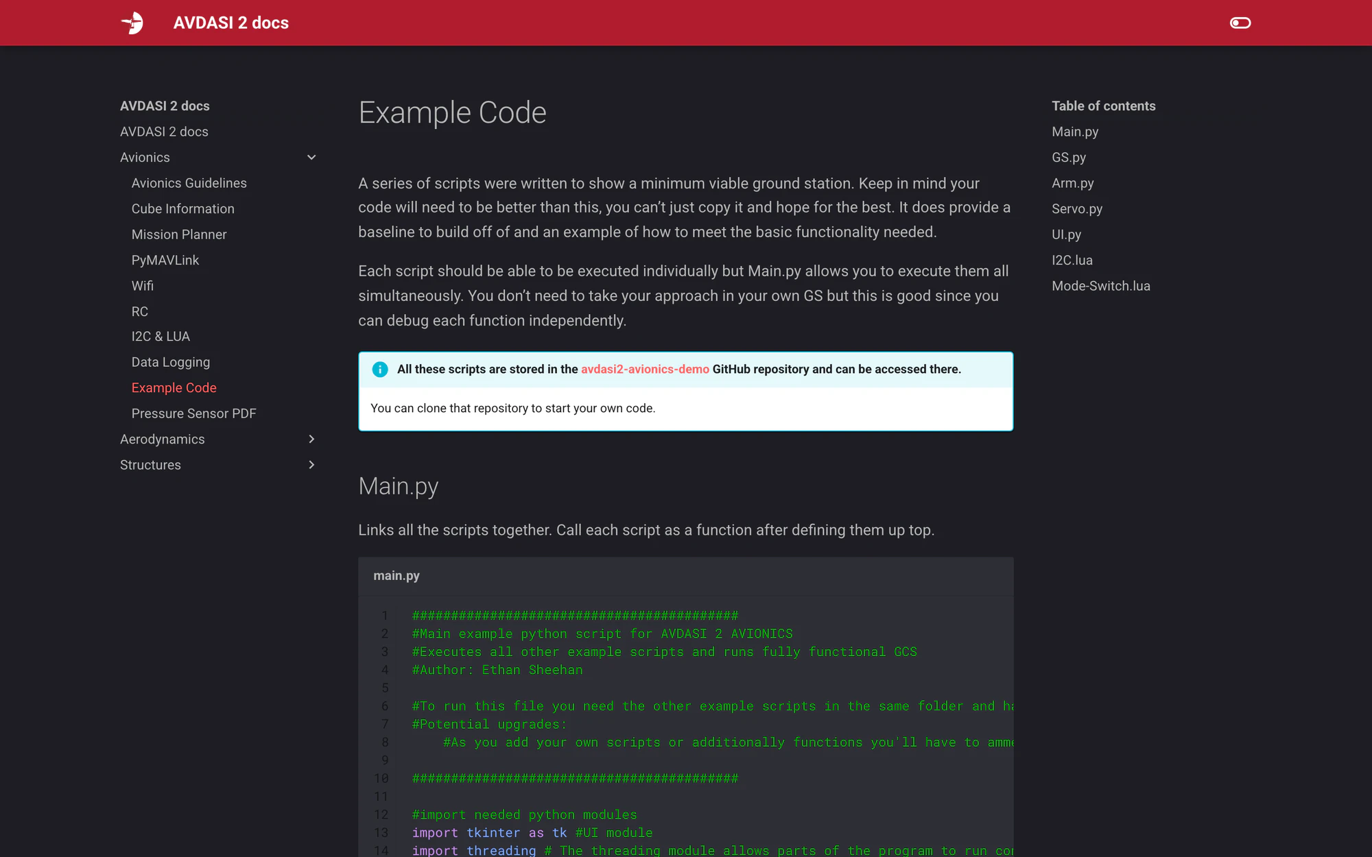 The Example Code page in the dark scheme, with the hand-written code-highlight colours