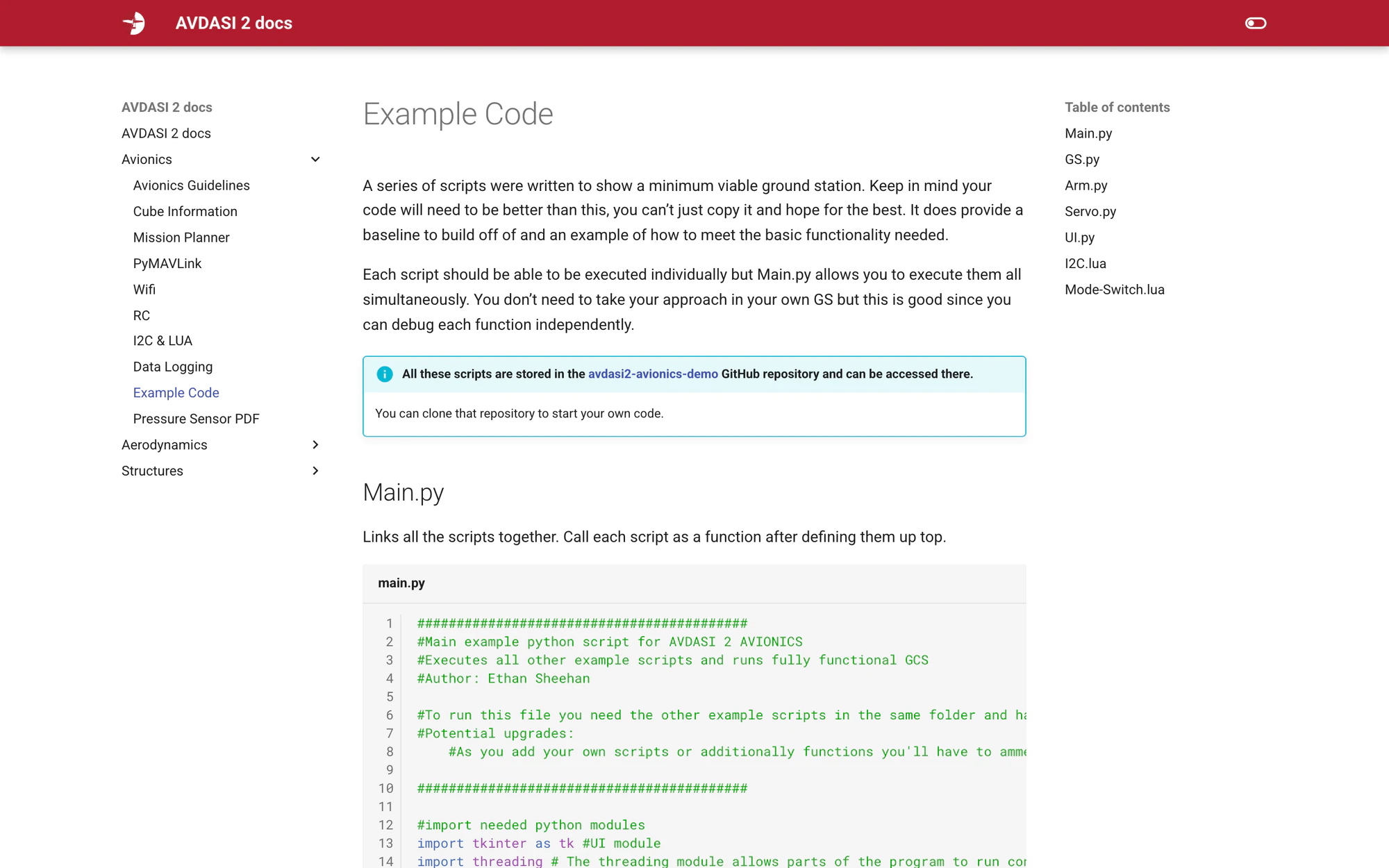 The Example Code page with main.py rendered inline from the example repo, author line visible