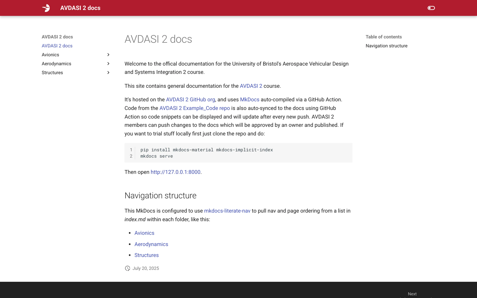 The AVDASI 2 docs landing page in July 2025: Flight Lab red header, a paragraph explaining the auto-synced code repo, and Avionics, Aerodynamics and Structures sections in the left nav