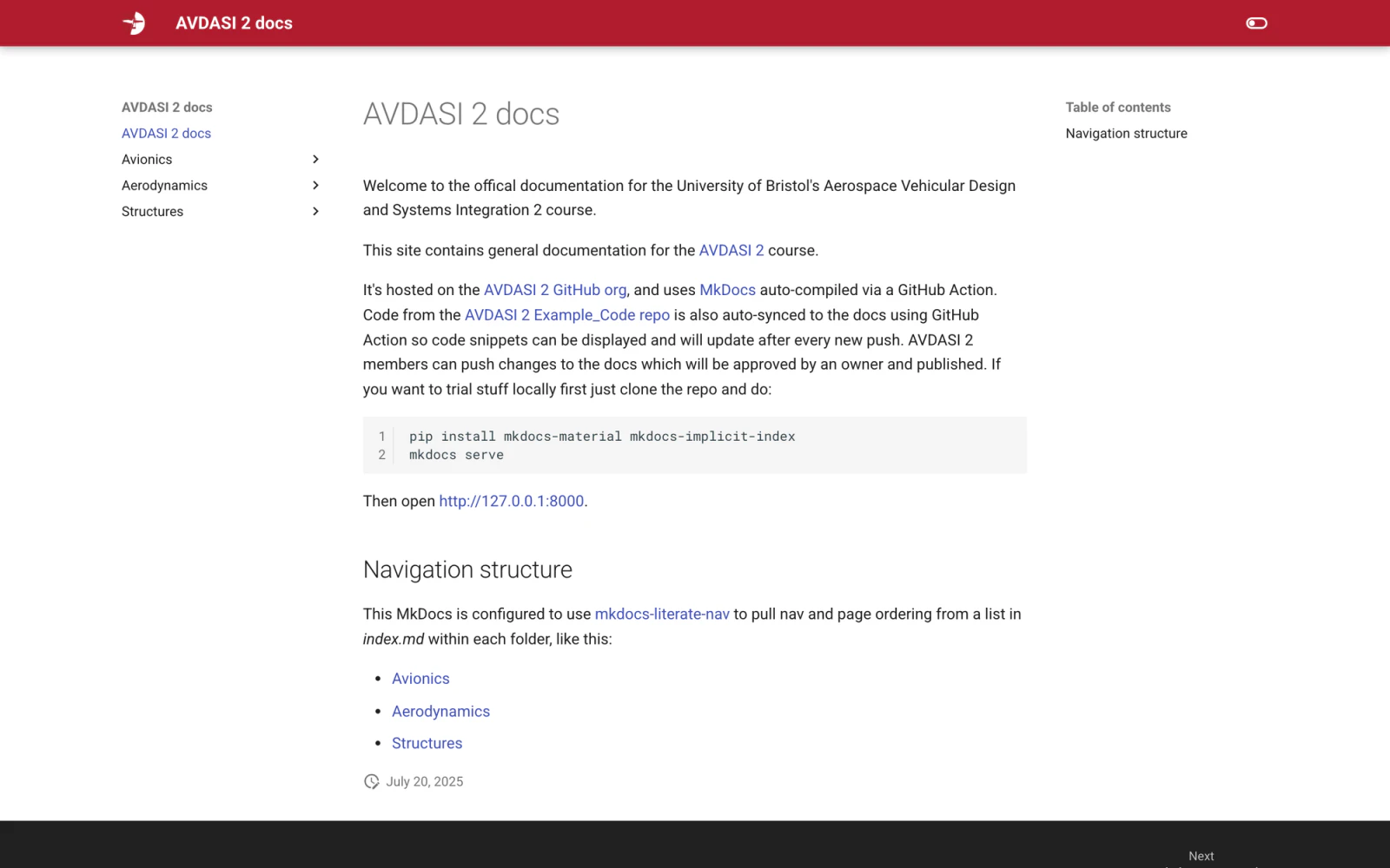 The AVDASI 2 docs landing page in July 2025: Flight Lab red header, a paragraph explaining the auto-synced code repo, and Avionics, Aerodynamics and Structures sections in the left nav