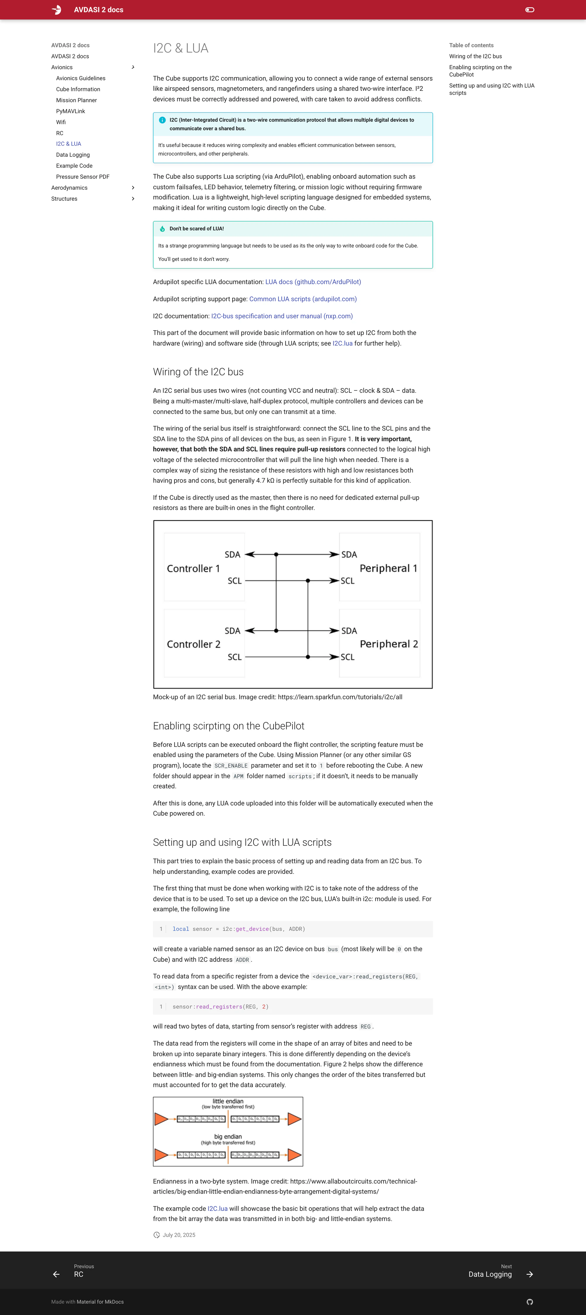 Full-length I2C and Lua page: wiring, enabling SCR_ENABLE, i2c:get_device and a section on endianness