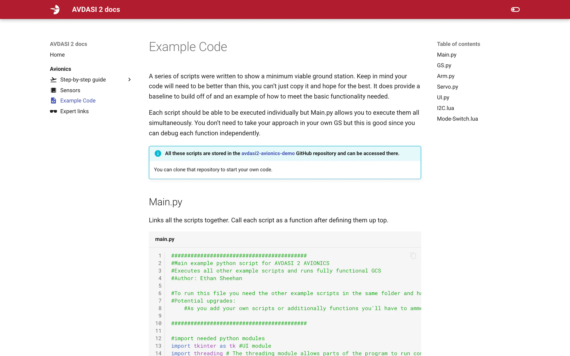 The live Example Code page in September 2026, still inlining the example repo