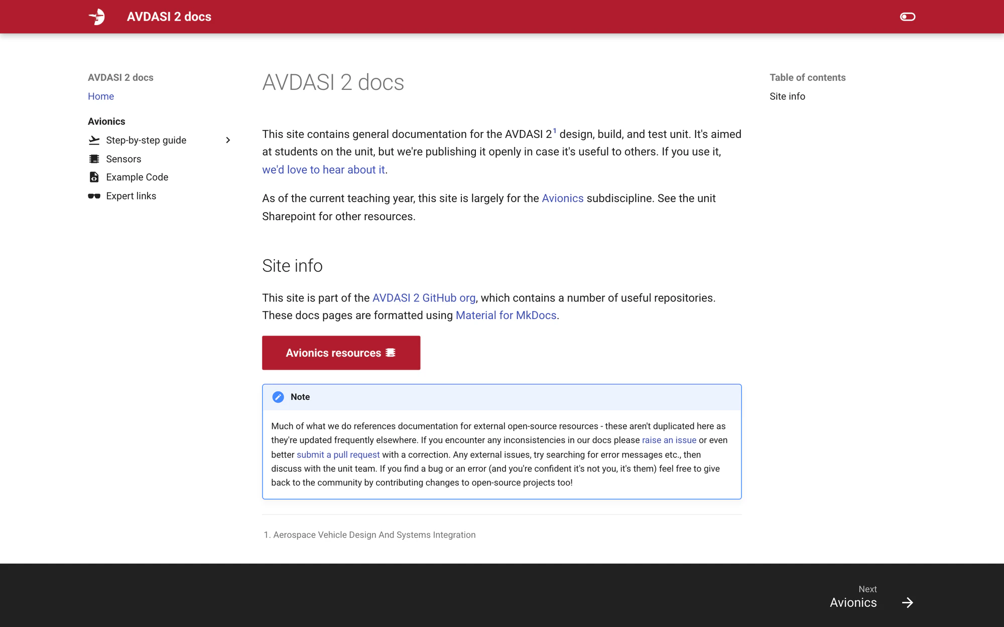 The live AVDASI 2 docs landing page in September 2026, same red header and theme with rewritten landing copy