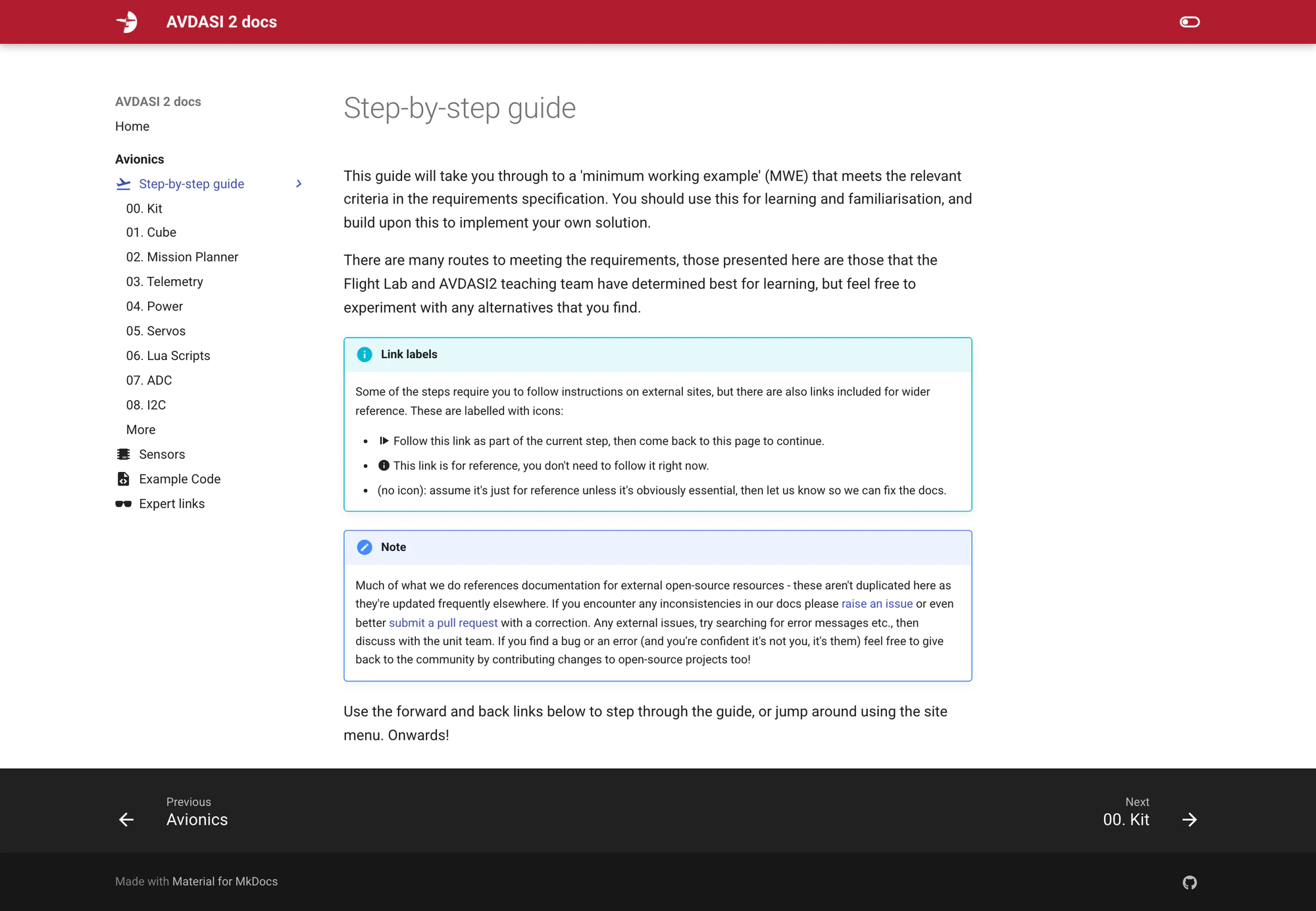 The live step-by-step guide index, numbered 00 to 08, after the September restructure