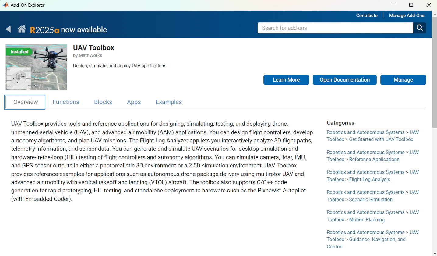 MATLAB Add-On Explorer showing the UAV Toolbox install page