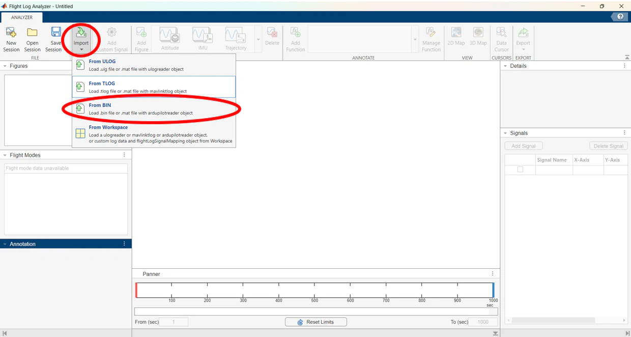 MATLAB Flight Log Analyzer with the Import menu open and From BIN circled