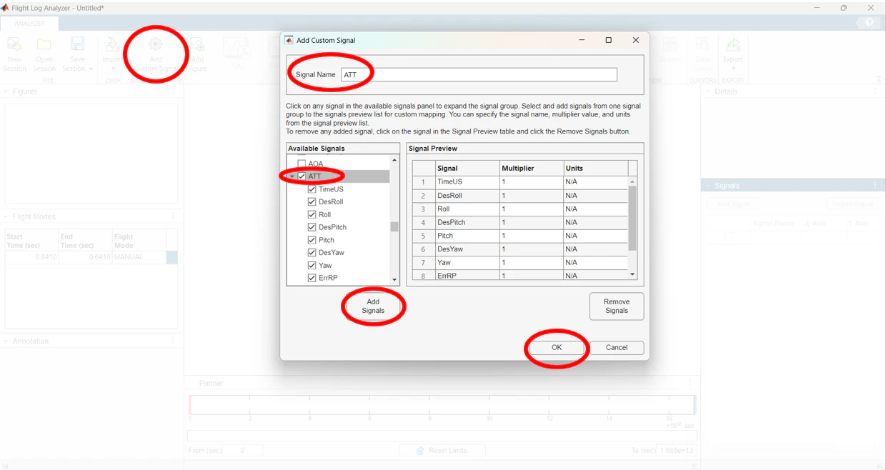 Flight Log Analyzer Add Custom Signal dialog mapping the ATT message and TimeUS