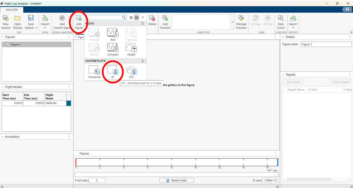 Flight Log Analyzer toolbar with Add Figure and the XY plot type circled