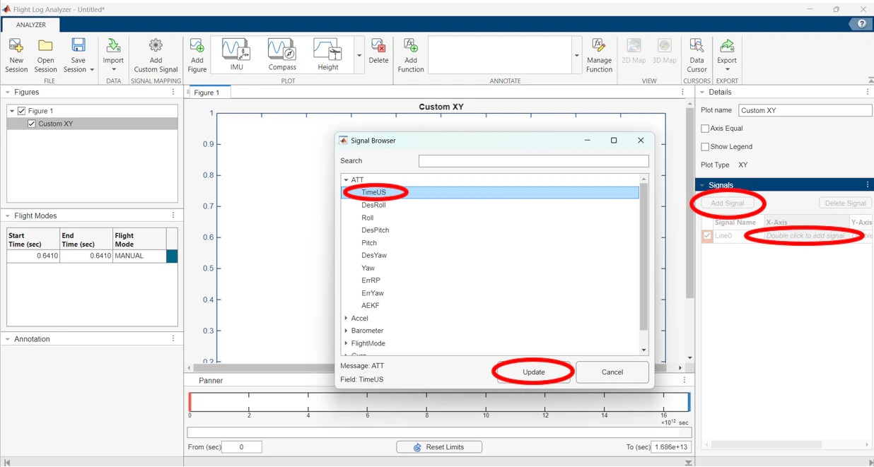 Flight Log Analyzer signal browser binding pitch and desired pitch to the figure axes
