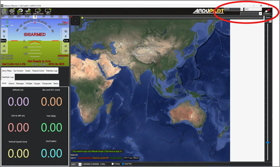 Mission Planner main screen with the COM/AUTO selector and Connect button circled in red at top right