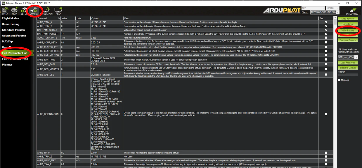 Mission Planner Config, Full Parameter List, with NTF_BUZZ_VOLUME circled