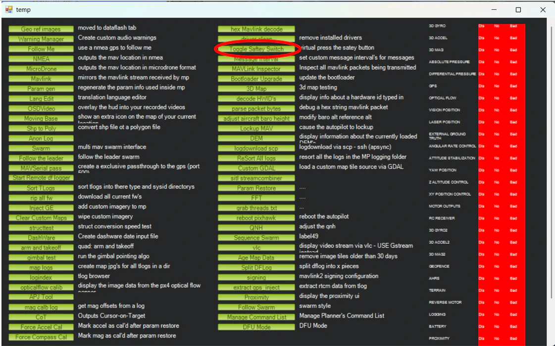 Mission Planner's hidden Ctrl-F menu with the Toggle Servo Safety button circled