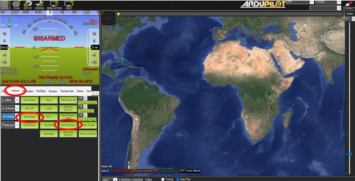 Mission Planner Actions panel with the arm button and manual flight-mode set circled