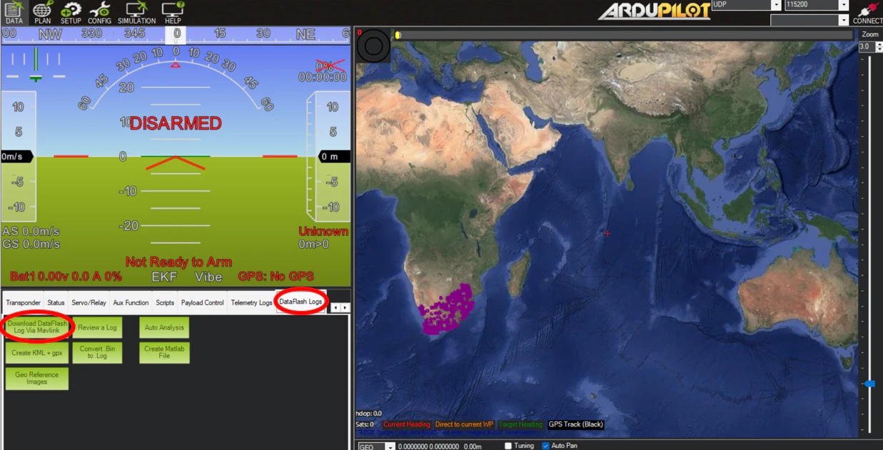 Mission Planner DataFlash Logs tab with Download via MAVLink and Review a Log circled