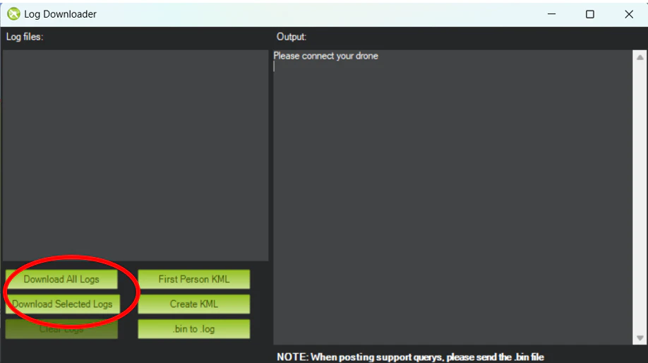 Mission Planner's Log Downloader window listing the .bin logs on the Cube