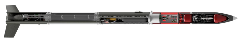 Cutaway render of the slender Waxwing sounding-rocket airframe lying horizontally, fins at the left and red nose section at the right