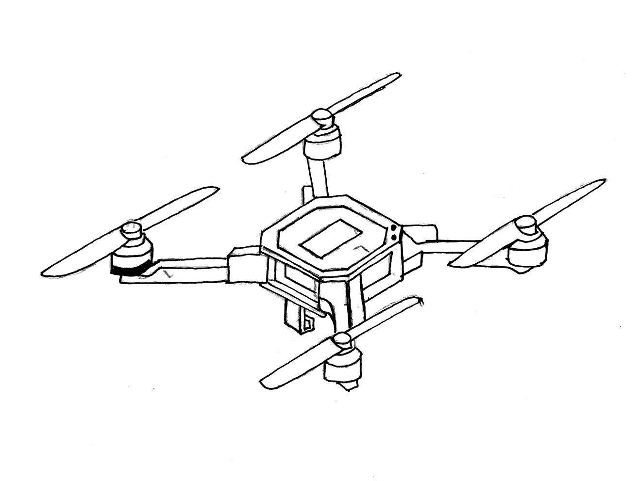 Line drawing of a quadcopter with a hexagonal body, four arms carrying motors and two-blade propellers, and a payload clip underneath
