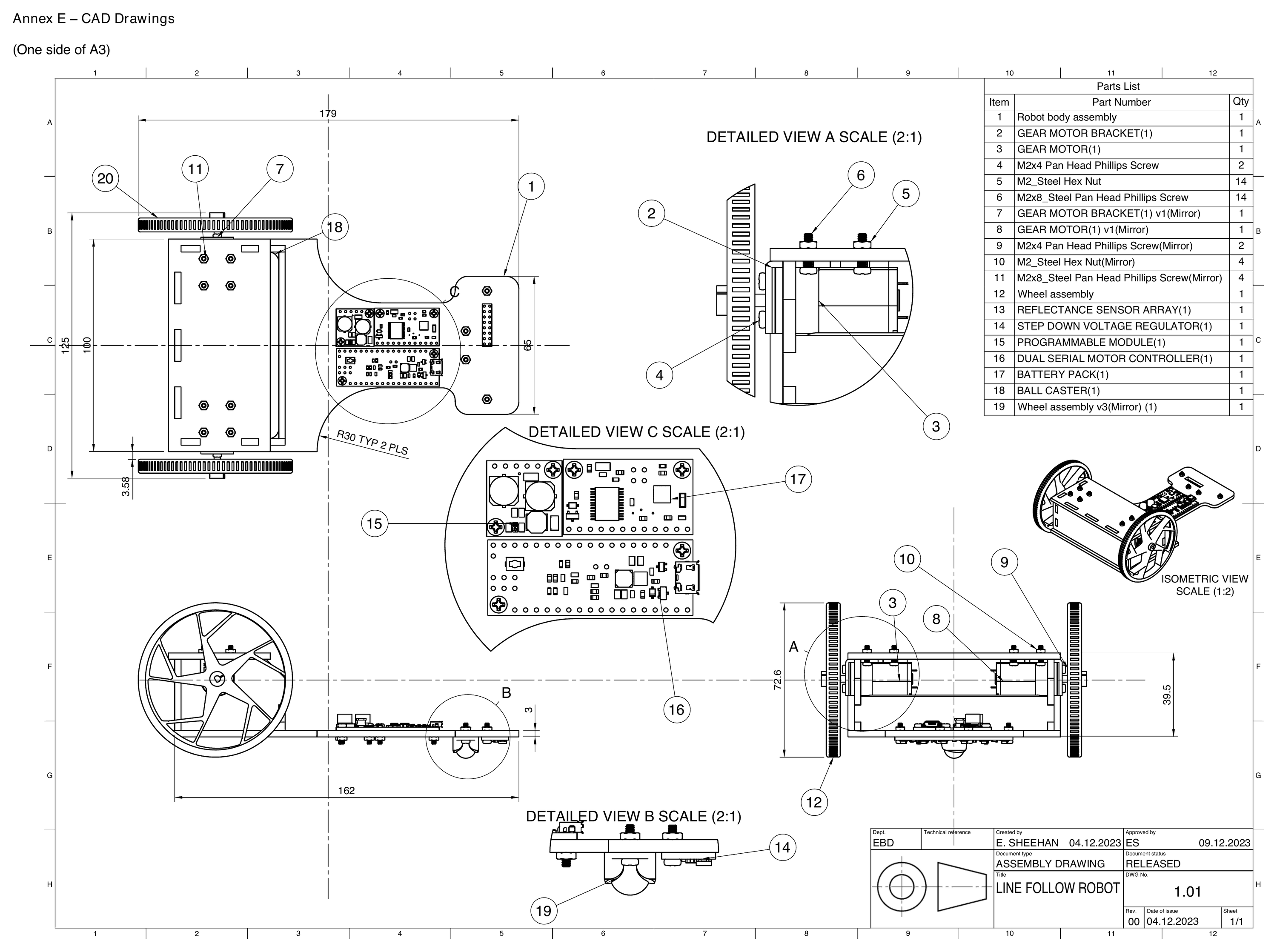 Assembly drawing 1.01 of a two-wheeled line-following robot: plan, side and end views, detail views A to C at 2:1, an isometric at 1:2 and a 19-item parts list