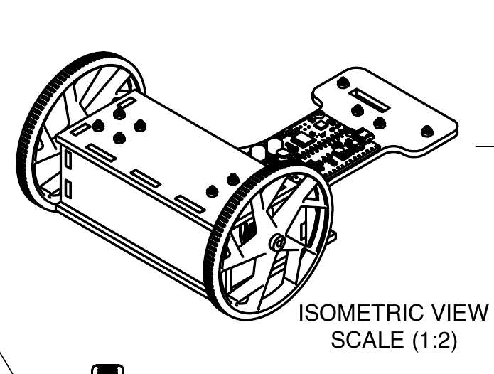 Isometric line drawing of the line-following robot: a box chassis between two spoked wheels, with a sensor board on a forward arm