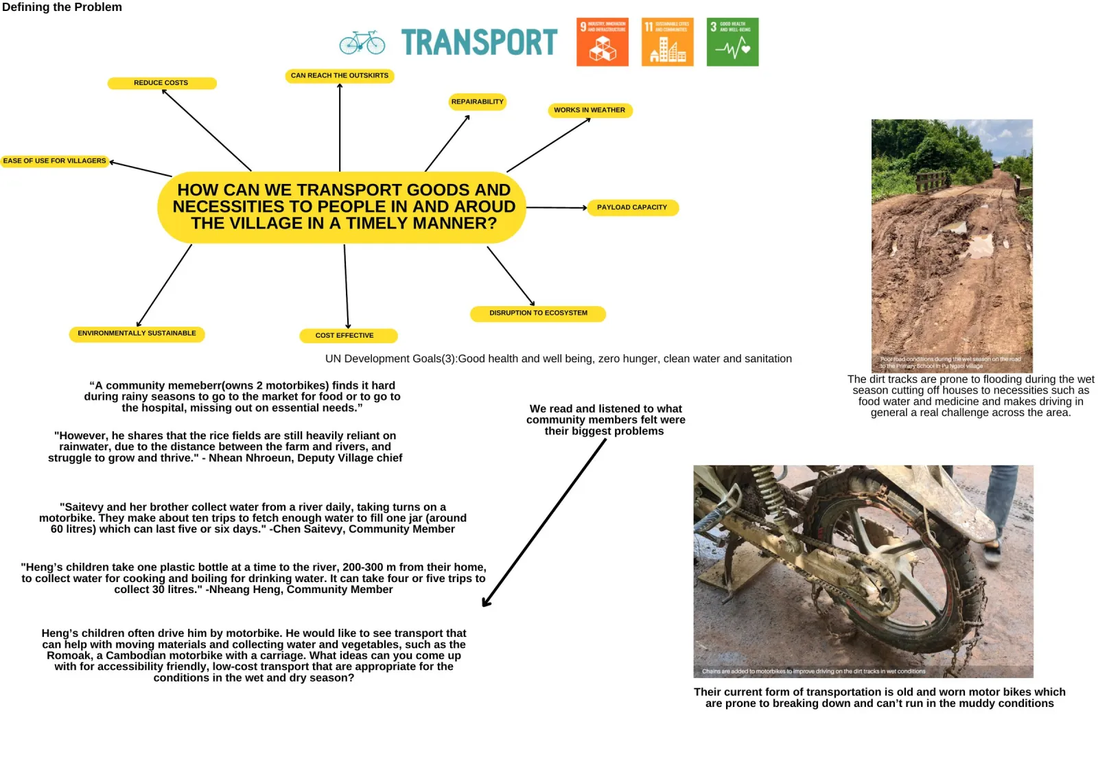 Poster page one: the team's question in a yellow bubble with eight criteria radiating from it, community quotes, UN SDG icons, and photographs of a flooded dirt track and a chained motorbike tyre