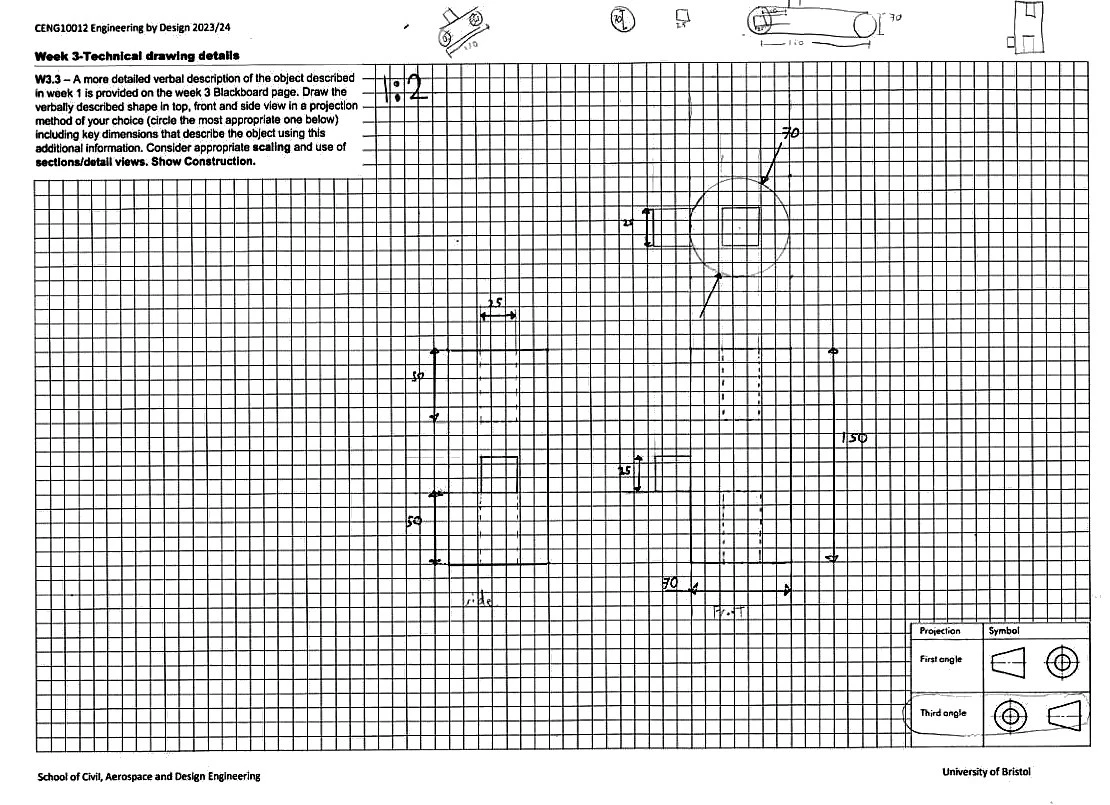 Pencil orthographic drawing on square grid: top, front and side views of a small part with dimensions, thumbnail sketches along the top edge and a projection-symbol box at bottom right