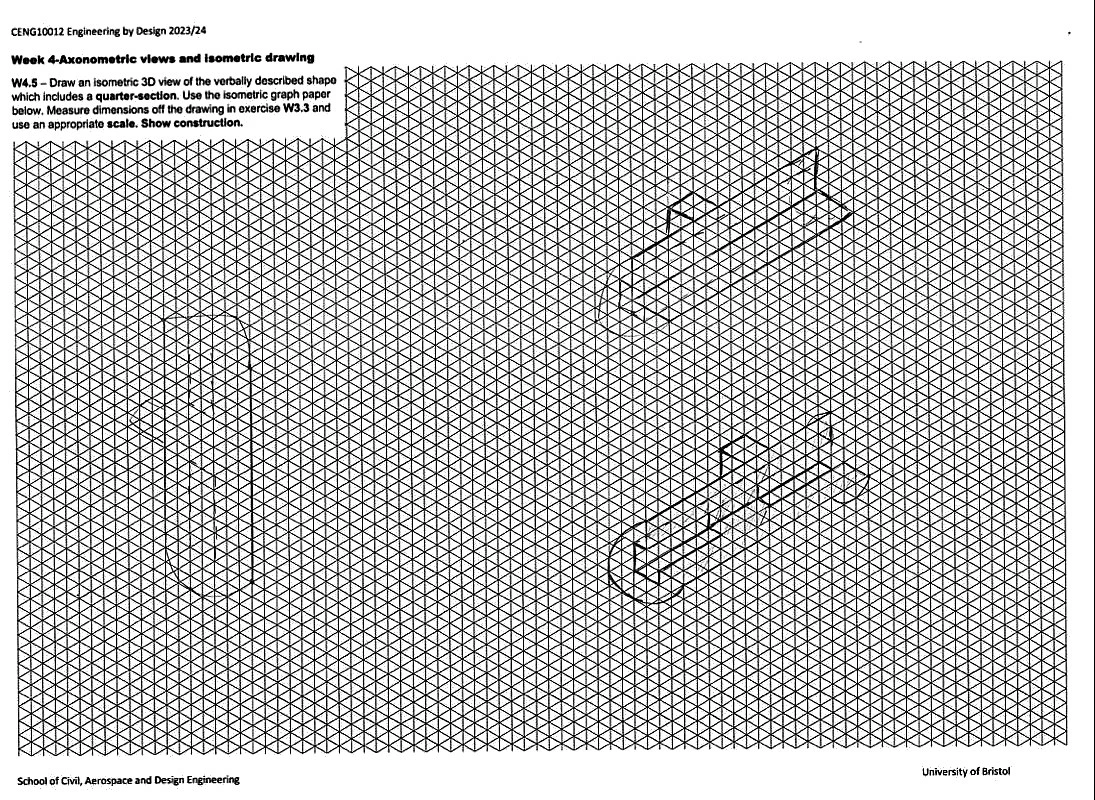 Faint pencil isometric drawing on an isometric grid: a cylindrical part drawn whole and again with a quarter removed to show the section