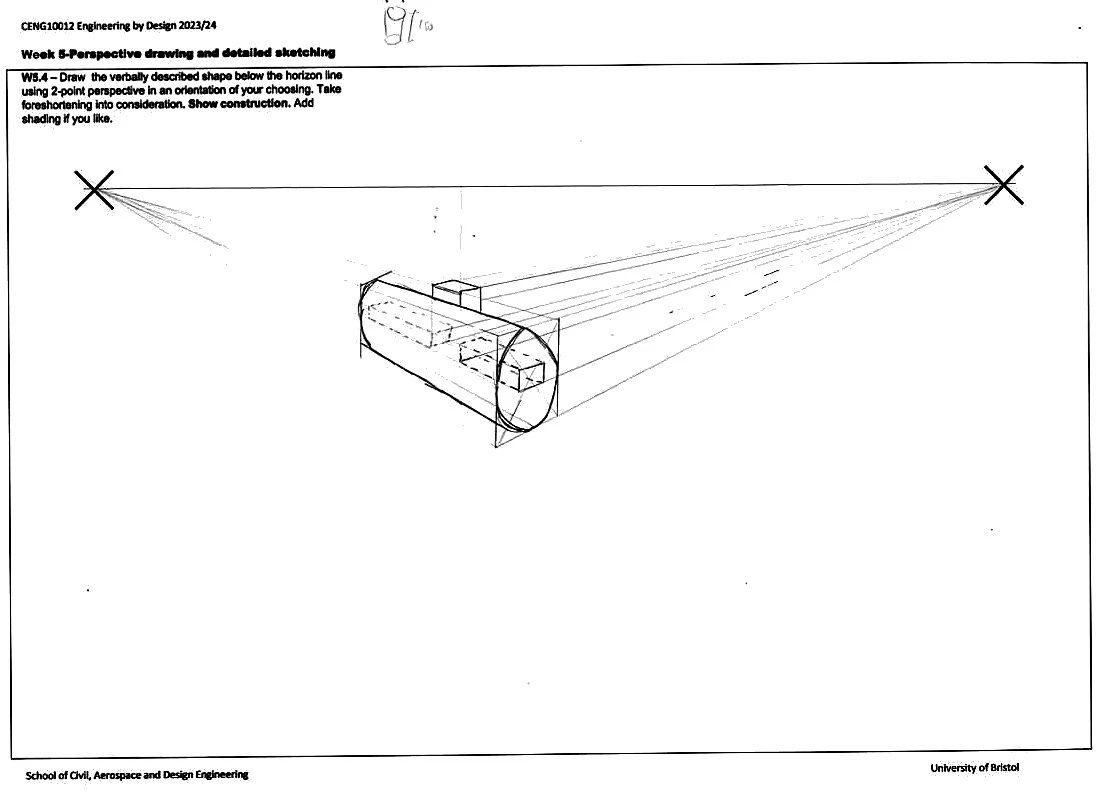 Pencil two-point perspective of a cylinder with boxes attached, construction lines fanning to vanishing points marked with crosses at each end of the horizon line