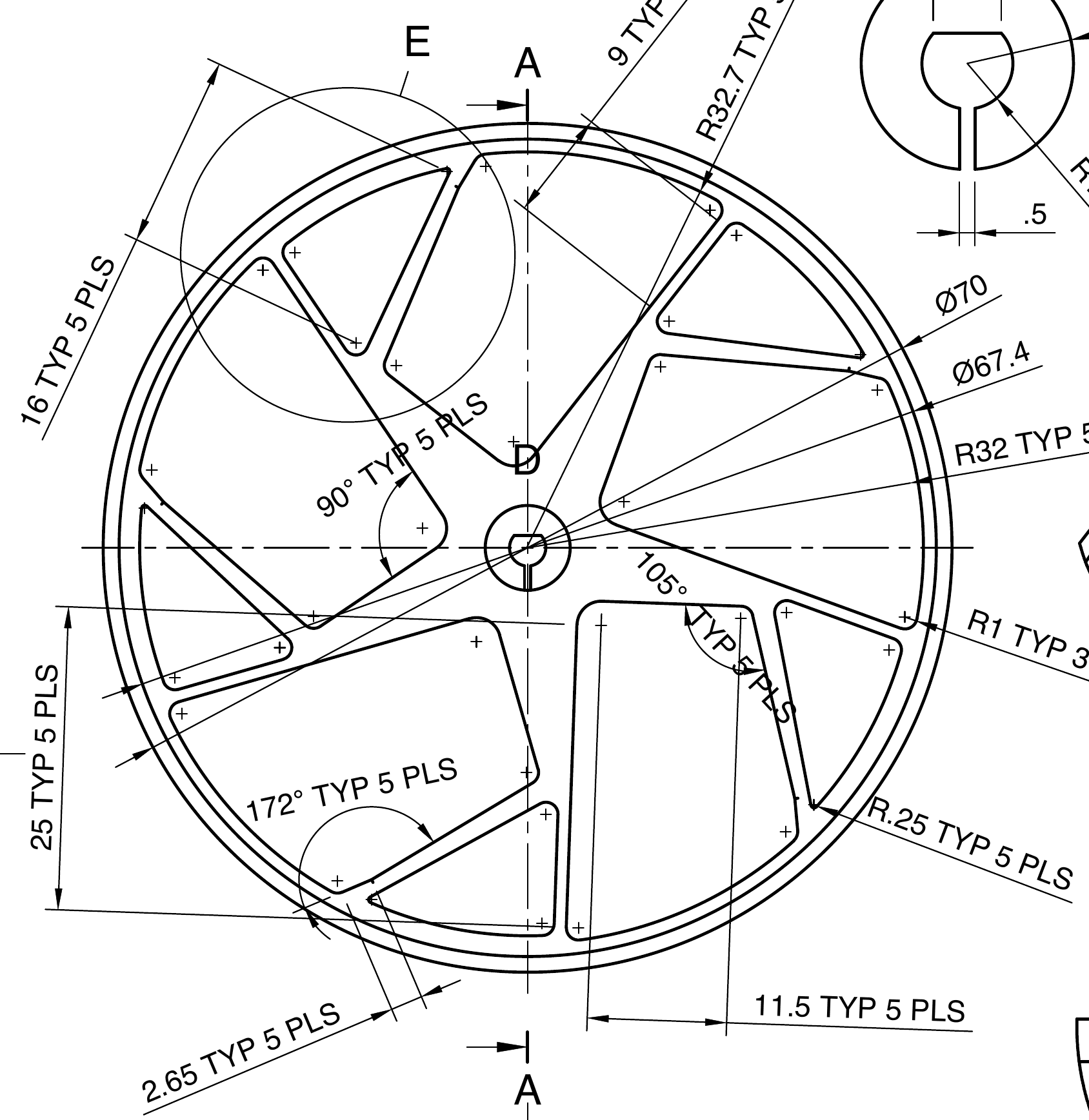 Dimensioned front view of the five-spoke wheel hub, 70 mm diameter, with radii, angles and hole callouts