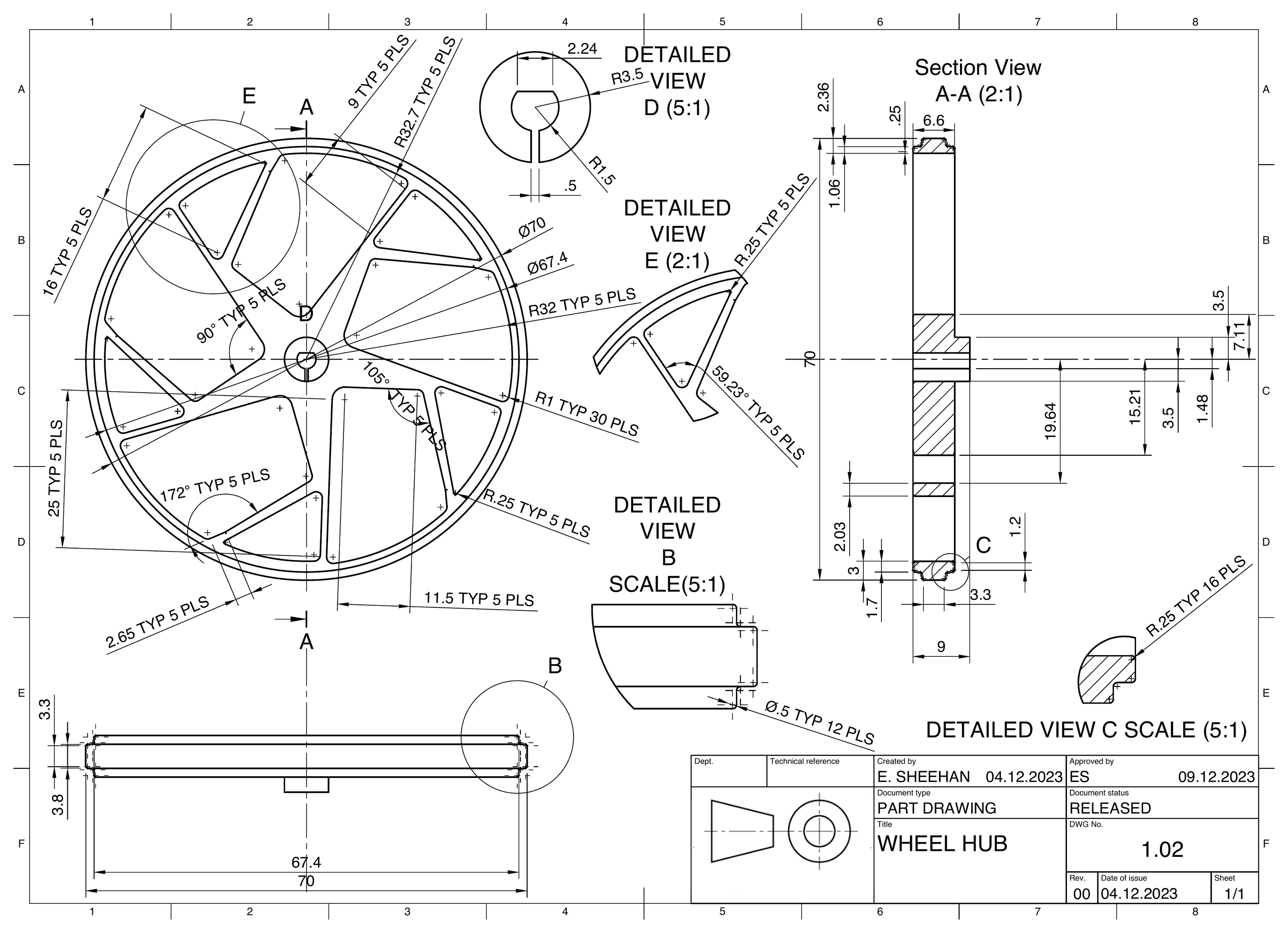 Part drawing 1.02 of a 70 mm five-spoke wheel hub: dimensioned front view, section A-A at 2:1, and detail views B to E at 2:1 and 5:1