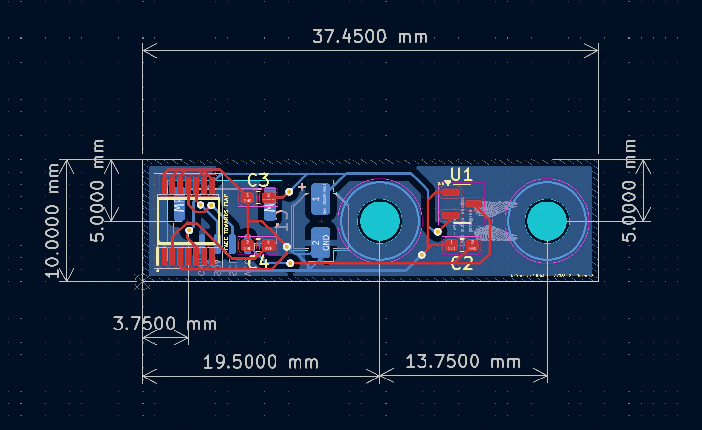 Dimensioned PCB layout of the angle sensor board, 37.45 millimetres long by 10 millimetres wide, with two mounting holes and the Hall-effect chip between them